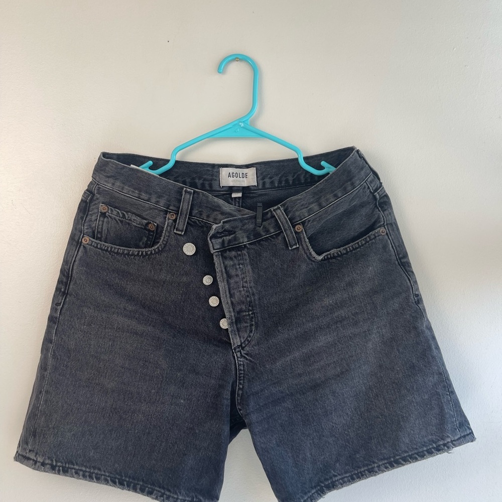 Agolde Asymmetric Buttons Charcoal Denim Shorts